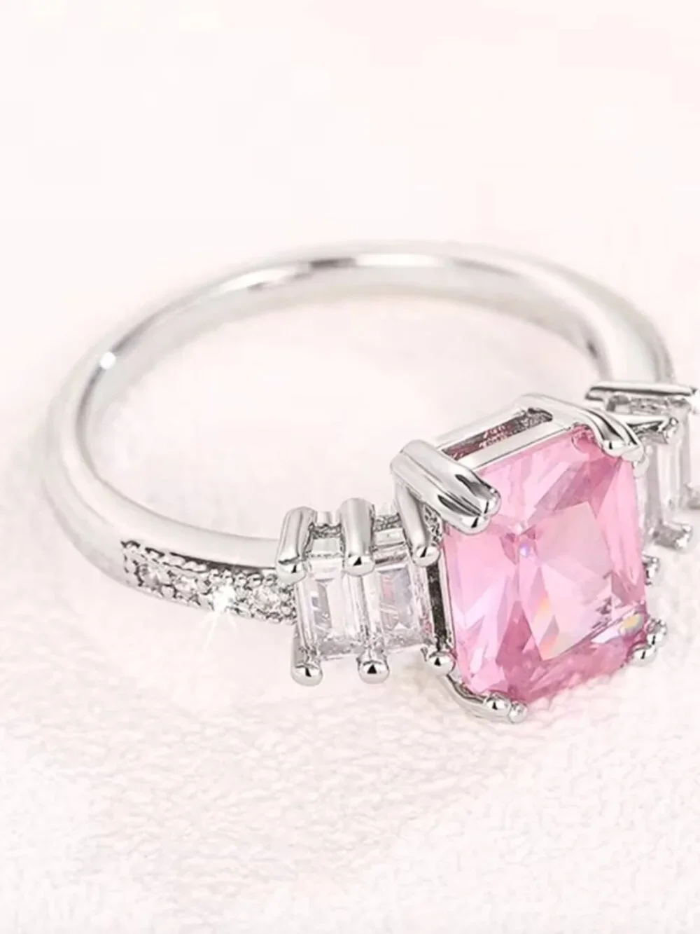 Pink Emerald-Cut Center Stone Three-Stone Ring - Picture 2 of 4